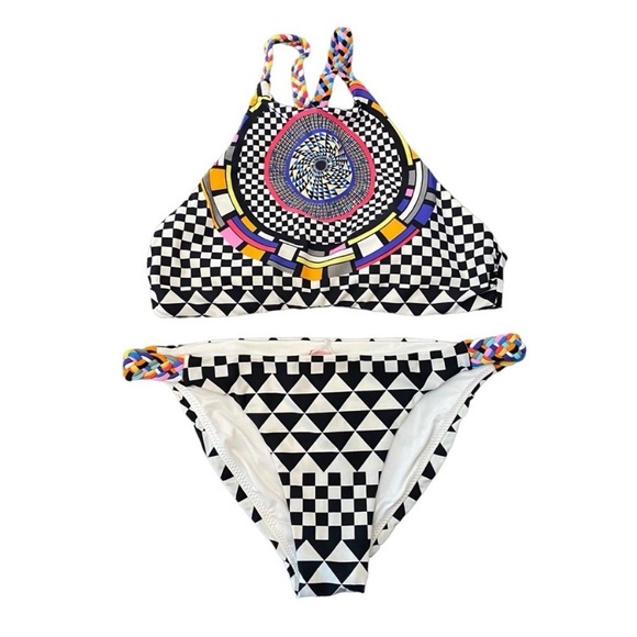 Red Carter Cali' Bikini Set Halter Bikini Top & Full Cut Bottom Check Print - Picture 1 of 13